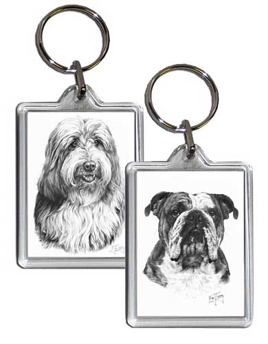 Mike Sibley keyrings - Bearded Collie and Bulldog designs